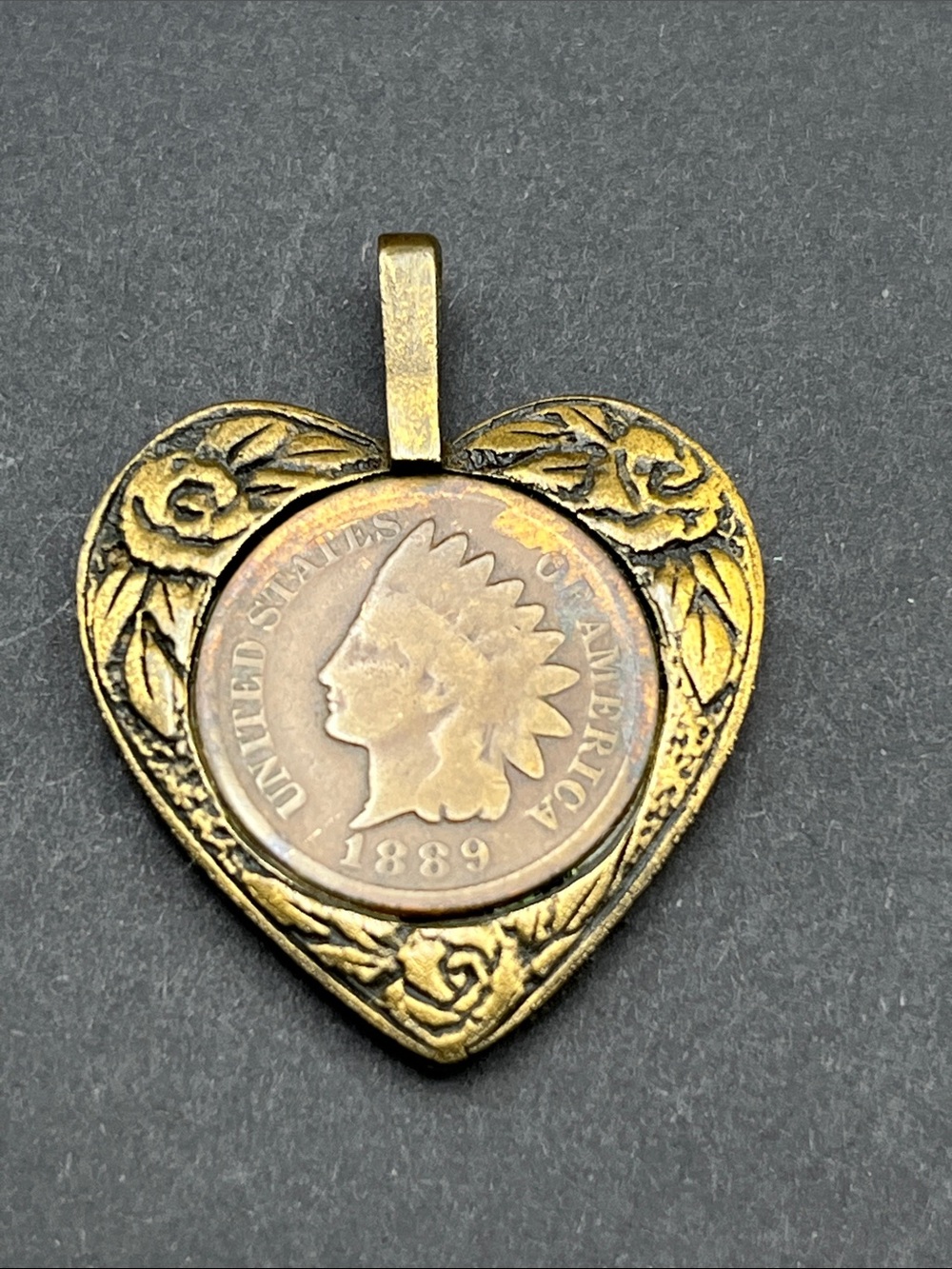 Heart shape pendant with 1889 Indian head cent coin copper gold color